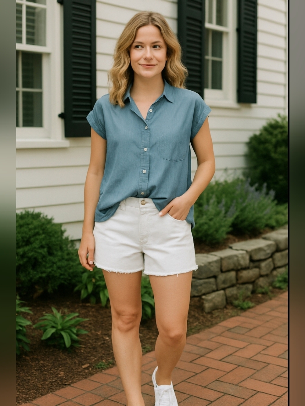Zara Basic Chambray Cap-Sleeve Button-Down Shirt W/ Cut-out Detail In The Back